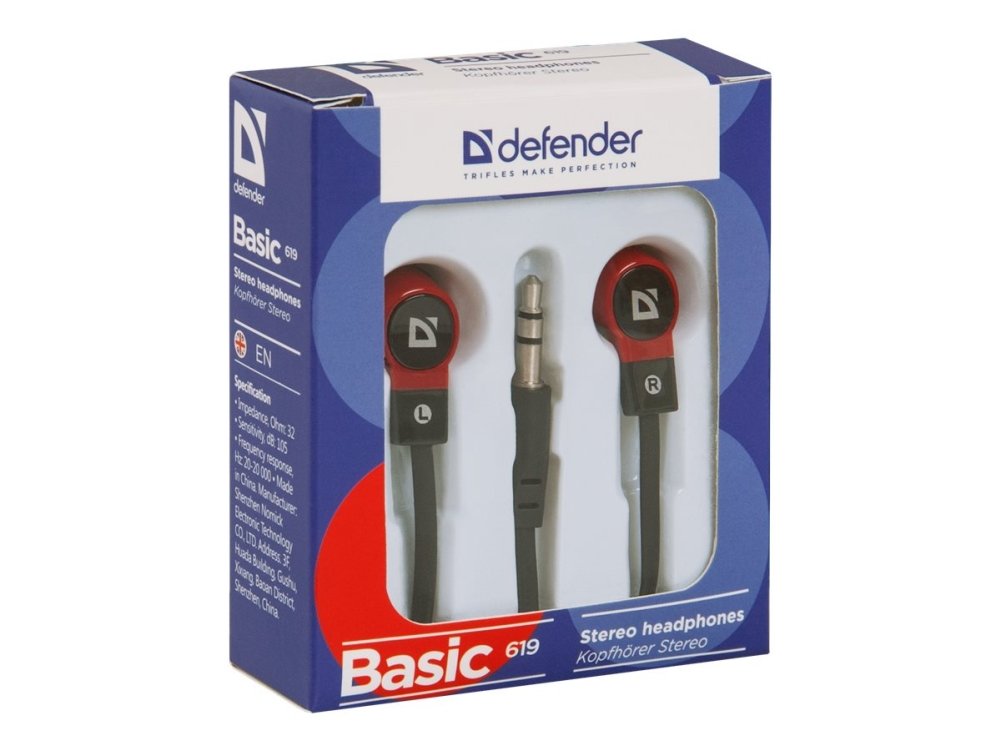 Defender Basic 619 - Ørepropper - I Øret - Kablet - 3,5 Mm Jakk - Svart, Rød