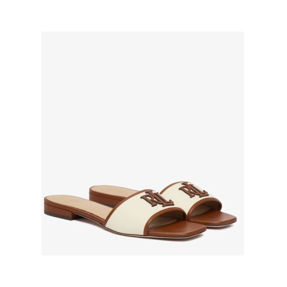 Ralph Lauren Lauren Everley Leather Trim Canvas Slide Sandal Brown 41 - side a