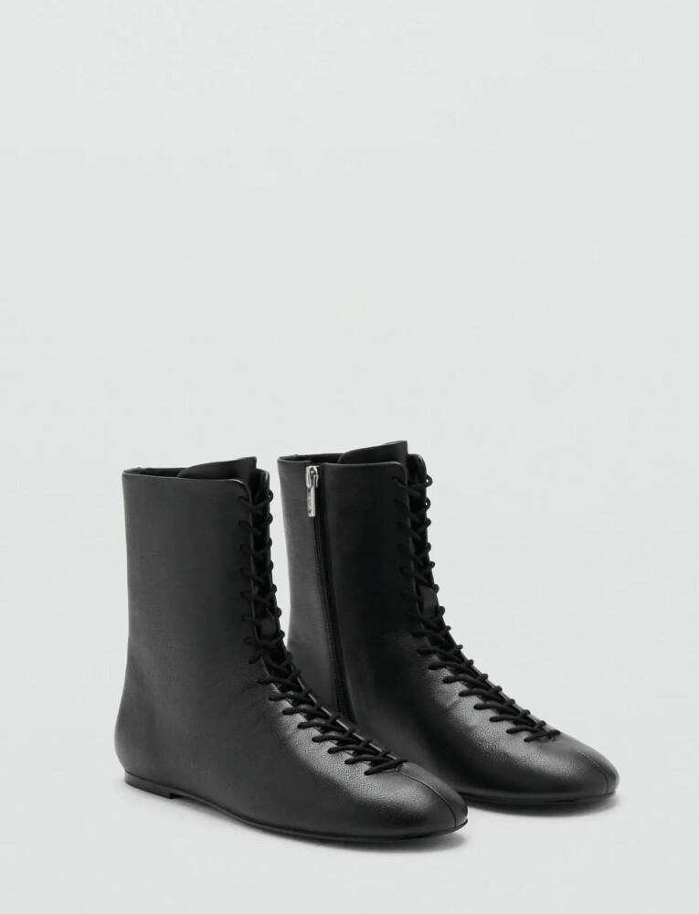 Mango Lace-Up Leather Ankle Boots - Black - 39 - main photo