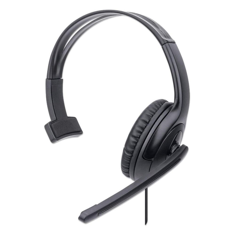 MANHATTAN Mono USB Headset, Single-sided Over-ear Design, In-Line Volume Control, Adjustable microphone, USB-A plug, Black, Three Year Warranty, Boxed