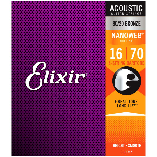 Elixir Nanoweb 80/20 Bronze Baritone 016-070 8-String 11308 Elixir Nanoweb 80/20 Bronze Baritone 016-070 8-String 11308