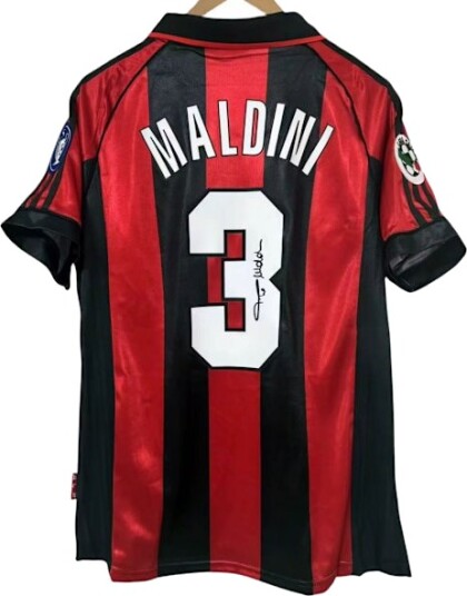 AC Milan-drakt fra sesongen 1998–1999, nr. 3, signert av MALDINI – den perfekte gaven til fotballfans