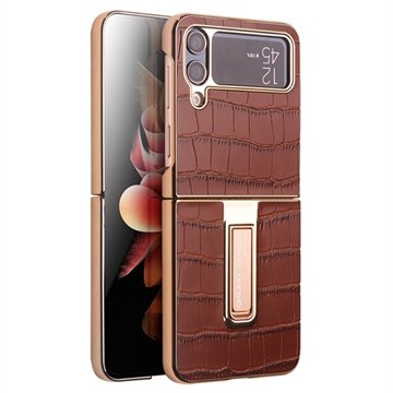 Qialino Croco Samsung Galaxy Z Flip4 Lær Belagt Deksel Brun