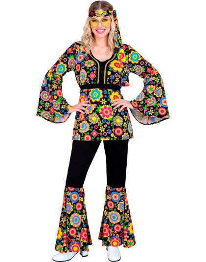 Widmann 60"s Mørkt Hippiekostyme med Fargerike Lyse Blomster til Dame XX Large