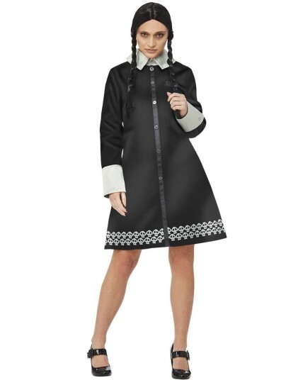 Lisensiert Addams Family Wednesday Kostyme med Parykk til Dame Medium