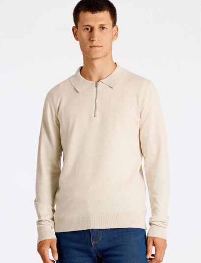 Lindbergh Ecovero L/S Zip Polo - Cream - XXL Lindbergh Ecovero L/S Zip Polo - Cream - XXL
