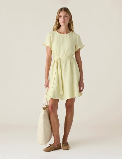 Lexington Clothing Belted Linen Dress Yellow M