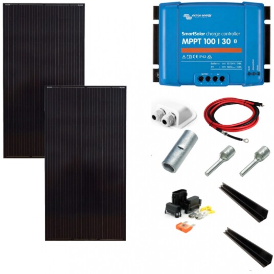 SKANBATT 2x 166x68 440w HighVolt 2x220W Black komplett kit med VICTRON BT MPPT. SKANBATT 2x 166x68 440w HighVolt 2x220W Black komplett kit med VICTRON BT MPPT.