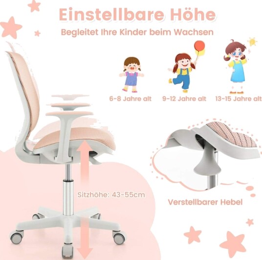 Høydejusterbar barnestol med setebrems Ergonomisk skrivebordsstol Kontorstol Rosa