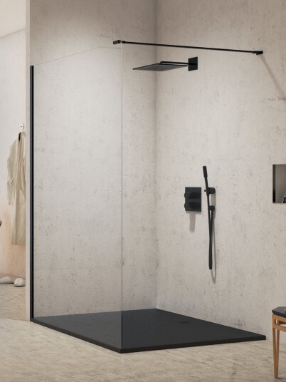 NEW MODUS Walk in Dusjvegg | Enkel Glassvegg uten Frame | 8mm glass | Sort Matt
