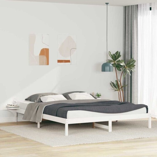  Sengestamme med Sidebord Hvit 200 x 220 cm Massiv furu