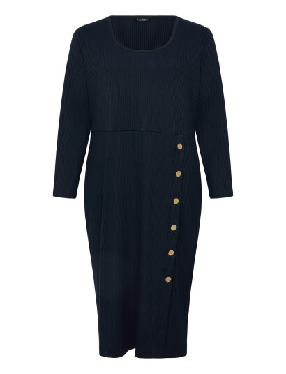 Lauren Women Button Trim Rib Knit Dress   Navy   54 56