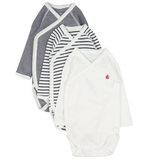 Petit Bateau Omslagsbody I/e 3 pack Blå/Hvit Stripete Petit Bateau 3 md Langermet Body