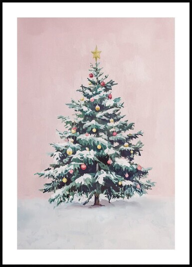 Snow Covered Christmas Tree with Ornaments Plakat Plakat / 50x70cm