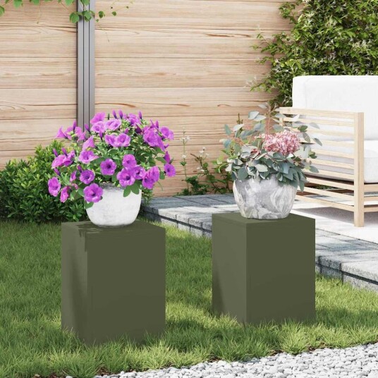 Utendørs Planteholdere Pilar 2 stk Olivengrønn 24x24x35 cm Stål Utendørs Planteholdere Pilar 2 stk Olivengrønn 24x24x35 cm Stål