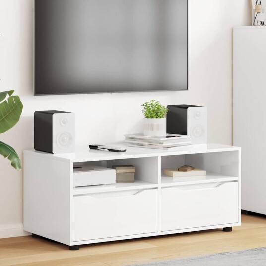 TV skap Høyglanset hvit 100 x 48 x 43 cm Konstruert tre TV skap Høyglanset hvit 100 x 48 x 43 cm Konstruert tre