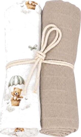 Mini Dreams Bear Balloon Musselinteppe 2-Pack, Grønn/Sand