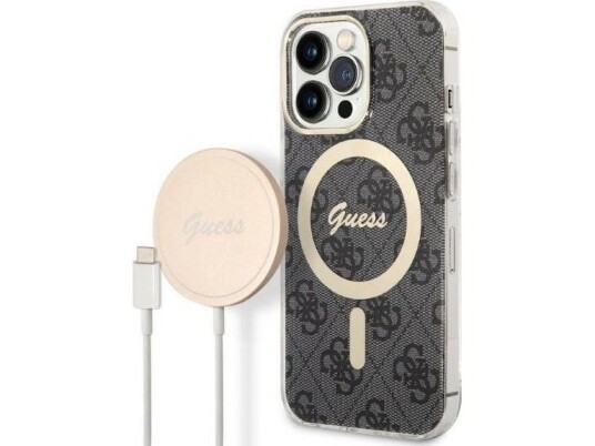 Guess-Lader Guess-Etui + Trådløs Lader Gubpp13xh4eacsk Apple Iphone 13 Pro Max Svart/Svart Hardt Etui 4G Print Magsafe
