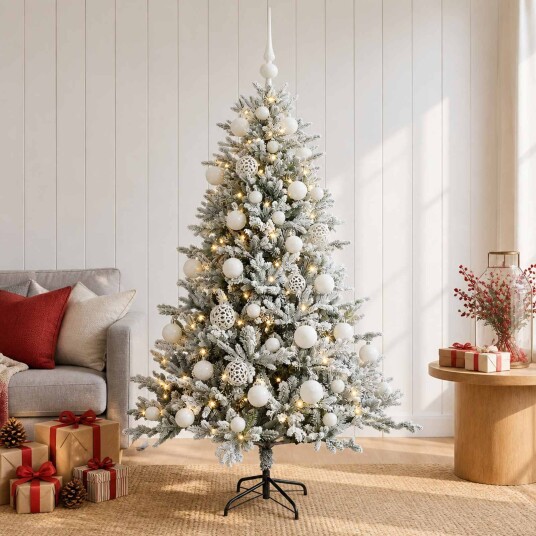 vidaXL Kunstig juletre med julekuler 150 cm 150 LED-lys Varmhvit