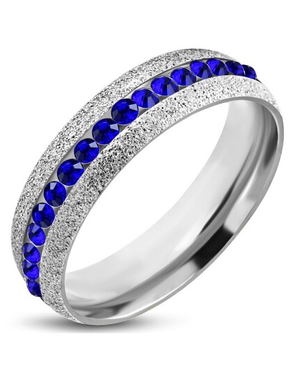 6 mm Sølvfarget Glitrende Stålring Fattet med Blå CZ Stener Strl 59 x 18,80 mm