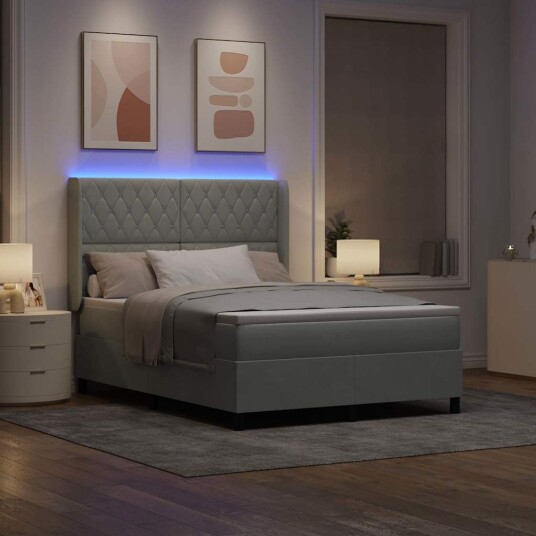 Box Spring Seng med Madrass & LED Lys Grå 140x190 cm Fløyel