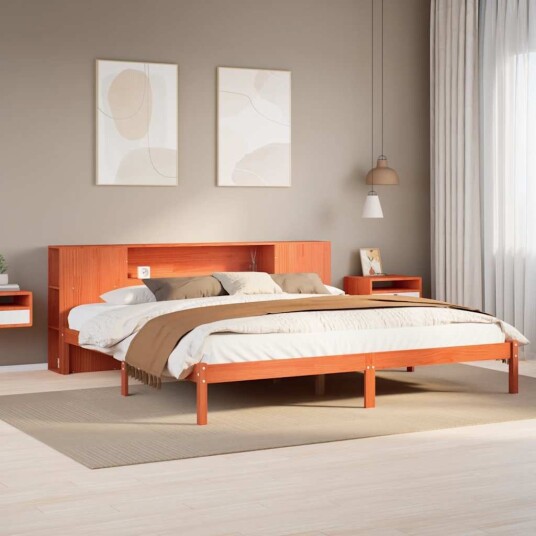  Seng med bokhylle uten madrass voksbrun 200x200 cm heltre furu 8721158603456