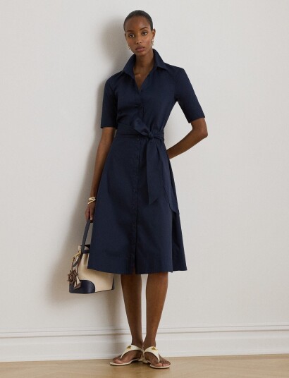 Lauren Ralph Lauren Belted Stretch Cotton Blend Shirtdress Navy 36