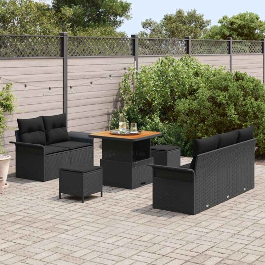 8 Delt Hage Sofa Sett med Puter Svart Polyrotting Akasie