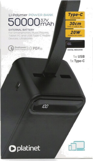 Eksternt Batteri Power Bank Platinet 50000Mah (1Xusb  1Xtype-C  Qc3.0 20W) Svart