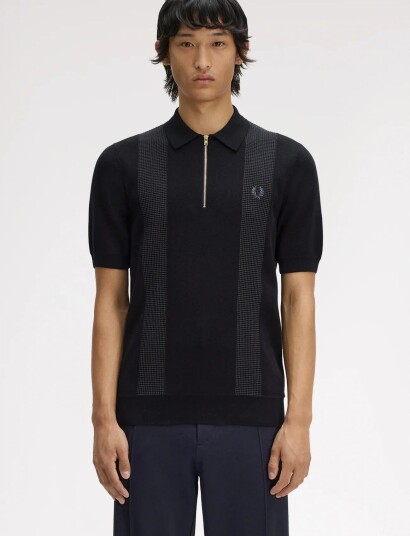 Fred Perry Panel Detail Knitted Shirt Black M Fred Perry Panel Detail Knitted Shirt Black M