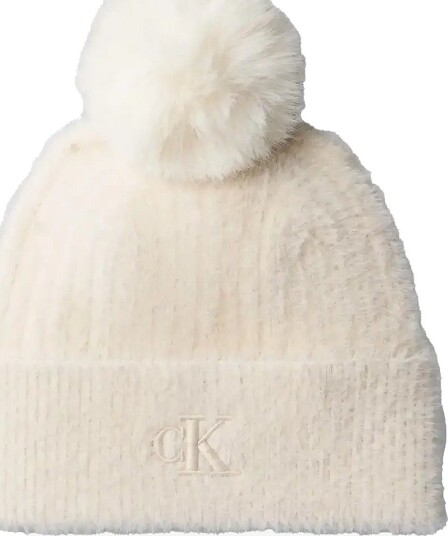 Calvin Klein Fuzzy Rib Pompom Beanie   LIGHT HAY   One Size