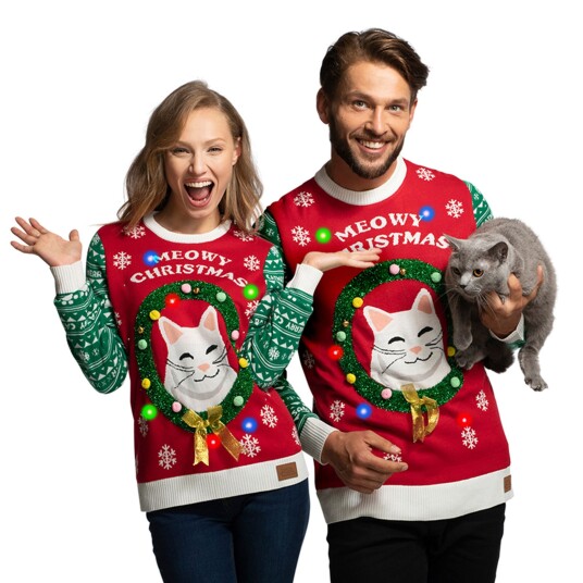 Silly Santa Meowy Christmas LED Julegenser - Small