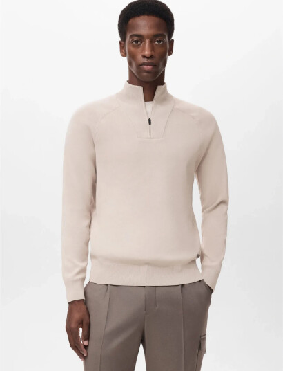 Mango Breathable Zip-Neck Sweater - Beige - XL