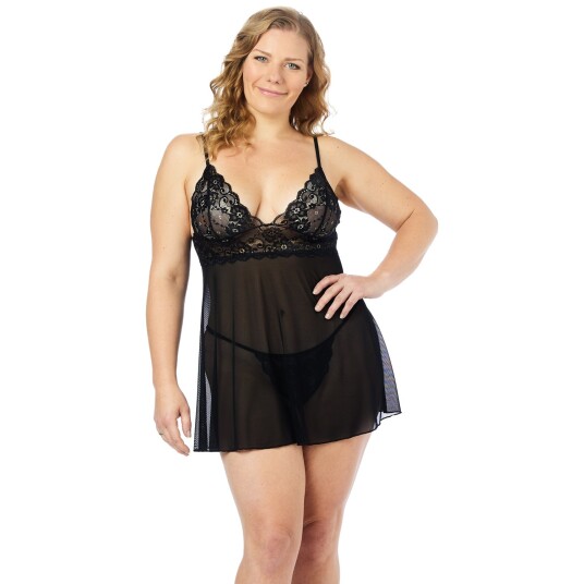 NORTIE Basil Svart Babydoll-sett Plus Size - Svart - Plus size - Svart