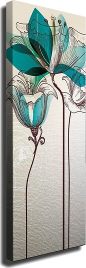 Lerretsbilde Grafisk blomsterillustrasjon med turkise gjennomsiktige blader og brun linjetegning Beige / Brun / Turkis