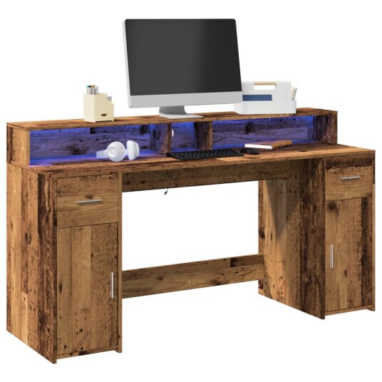 Skrivebord med LED-lys gammelt tre 160x55x91 cm konstruert tre