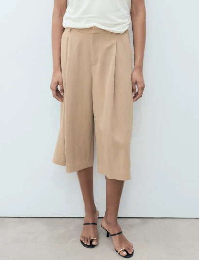 Mango Lyocell Pleated Bermuda Shorts - Beige - 38
