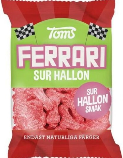 Toms Ferrari Sur Hallon Bilformede Vingummibiter med Sur Bringebærsmak 120 gram Toms Ferrari Sur Hallon Bilformede Vingummibiter med Sur Bringebærsmak 120 gram