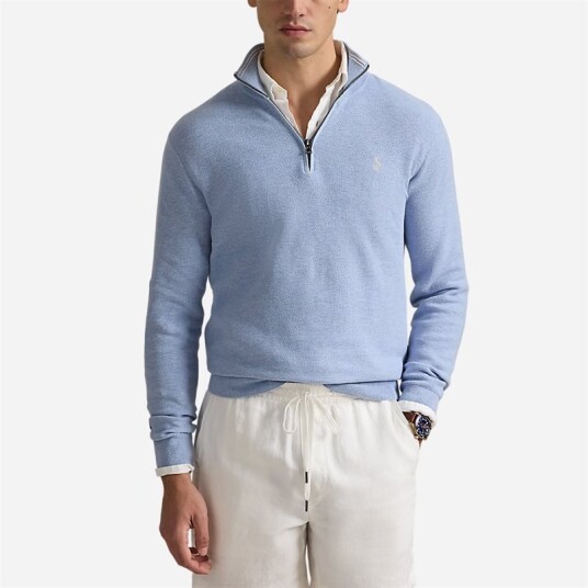 Mesh-Knit Cotton Quarter-Zip Sweater Blue Hyacinth Hthr