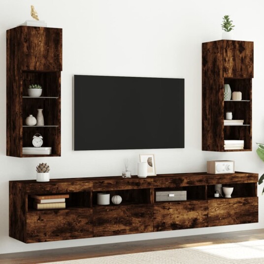 TV benker med LED lys 2 stk røkt eik 30,5x30x90 cm