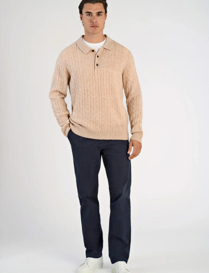 Lindbergh Lambswool L/S Button Polo - Beige - XXL