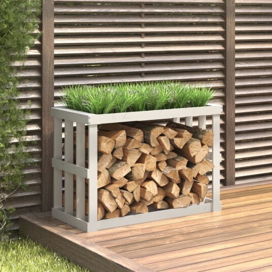 Utendørs vedstativ hvit 108x52x74 cm heltre furu