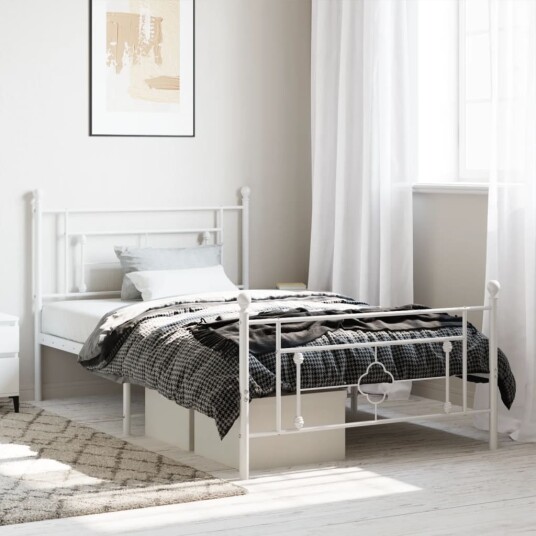 vidaXL Sengeramme i metall med hode- og fotgavl hvit 107x203 cm 8721012249356
