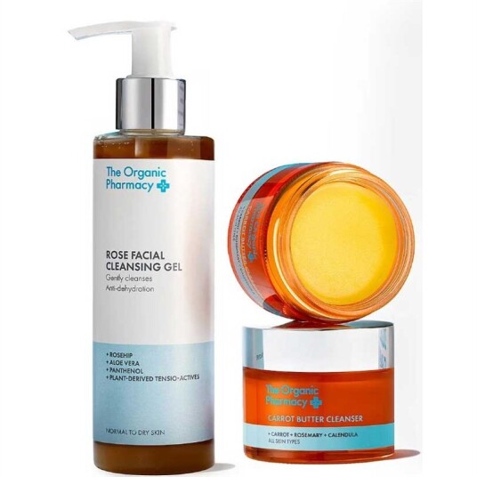 The Organic Pharmacy Double Cleanse Set med Gulrotrens og Rosenrens 250 ml