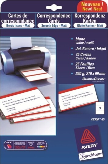 Avery Quick&Clean Hvit 99 X 210 Mm 220 G/M² 75 Kort 25 Ark X 3 Visittkort Avery Quick&Clean Hvit 99 X 210 Mm 220 G/M² 75 Kort 25 Ark X 3 Visittkort