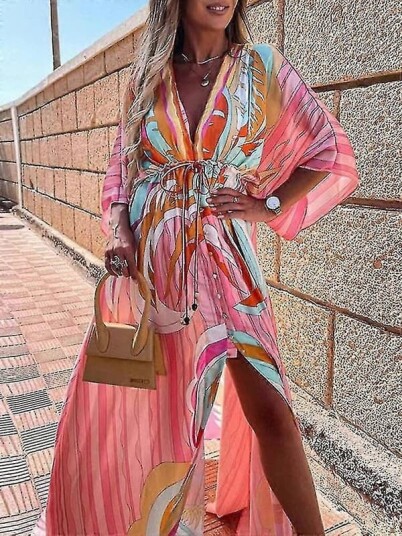 Sommer Maxi Kjole For Kvinner Boho Print Bikini Cover Ups Strand Sommerkjole Sexy Blomster Tunika Lang Kjole Badedrakt Vestido Feminino