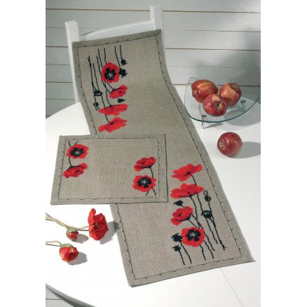 Permin Broderisett Lin Løper Valmue 36x117cm