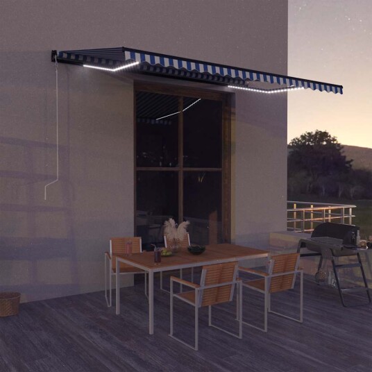 vidaXL Markise med vindsensor og LED 300x250 cm blå og hvit