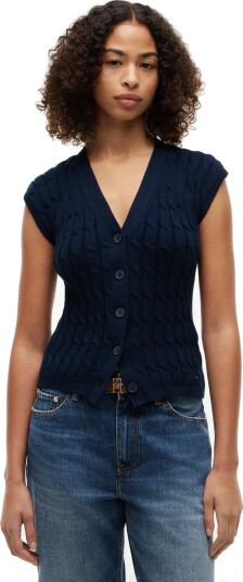 Tommy Hilfiger Mid Gg Cable Vest Cardi Navy L