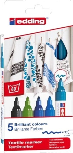 Edding Textil Penne 5Stk Kolde Farver 2-3Mm Streg - Tåler Vask Indtil 60 Grader - Fikseres Inden 1 Vask Med Strygejern Edding Textil Penne 5Stk Kolde Farver 2-3Mm Streg - Tåler Vask Indtil 60 Grader - Fikseres Inden 1 Vask Med Strygejern